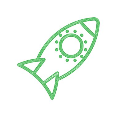 Roket işareti. Beyaz arkaplan üzerine katı konturlu yeşil karalama Simgesi.