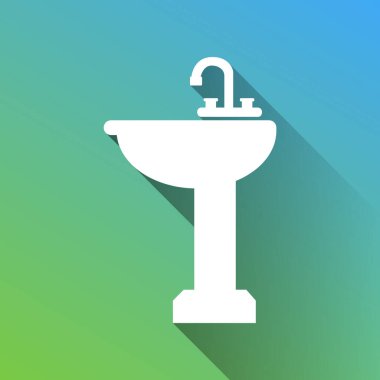 Lavabo tabelası. Gri renkli beyaz simge, yeşilden maviye sınırsız gölge bırakıyor.