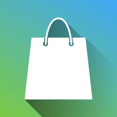 Alışveriş poşeti çizimi. Gri renkli beyaz simge, yeşilden maviye sınırsız gölge bırakıyor.