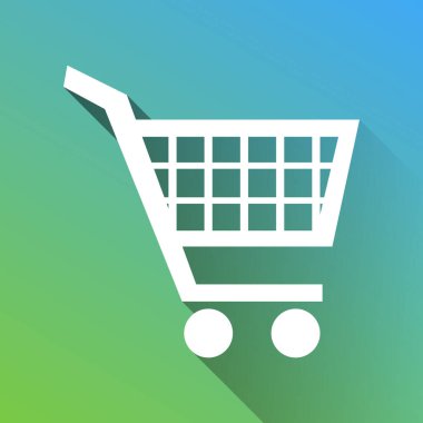 Alışveriş arabası tabelası. Gri renkli beyaz simge, yeşilden maviye sınırsız gölge bırakıyor.