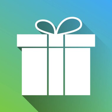 Hediye kutusu işareti. Gri renkli beyaz simge, yeşilden maviye sınırsız gölge bırakıyor.