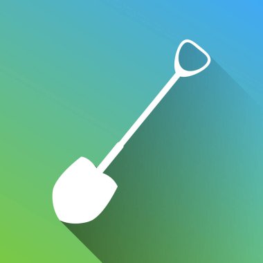 Bahçede çalışmak için kürek. Gri renkli beyaz simge, yeşilden maviye sınırsız gölge bırakıyor.