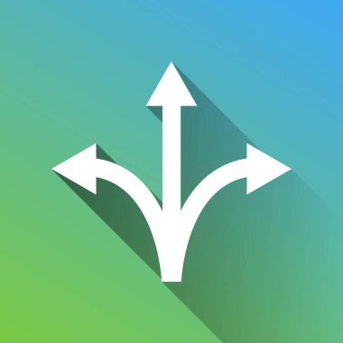 Three-way direction arrow sign. White Icon with gray dropped limitless shadow on green to blue background. clipart