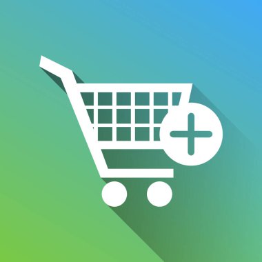 Mark işareti olan alışveriş arabası. Gri renkli beyaz simge yeşilden mavi arka plana sınırsız gölge bıraktı. Görüntü.