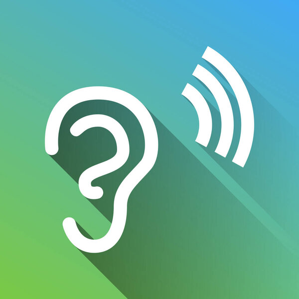 Human anatomy. Ear sign with soundwave. White Icon with gray dropped limitless shadow on green to blue background.