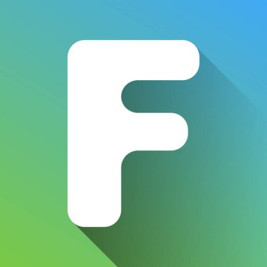 F harfi tasarım şablonu ögesi. Gri renkli beyaz simge, yeşilden maviye sınırsız gölge bırakıyor.