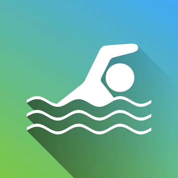 Swimming water sport sign. White Icon with gray dropped limitless shadow on green to blue background.