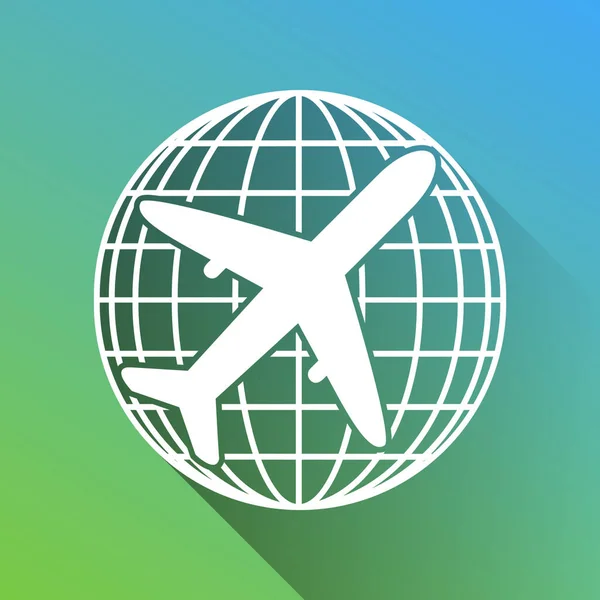 Globus Und Flugzeug Reiseschild Weiße Ikone Mit Grauem Schatten Auf — Stockvektor