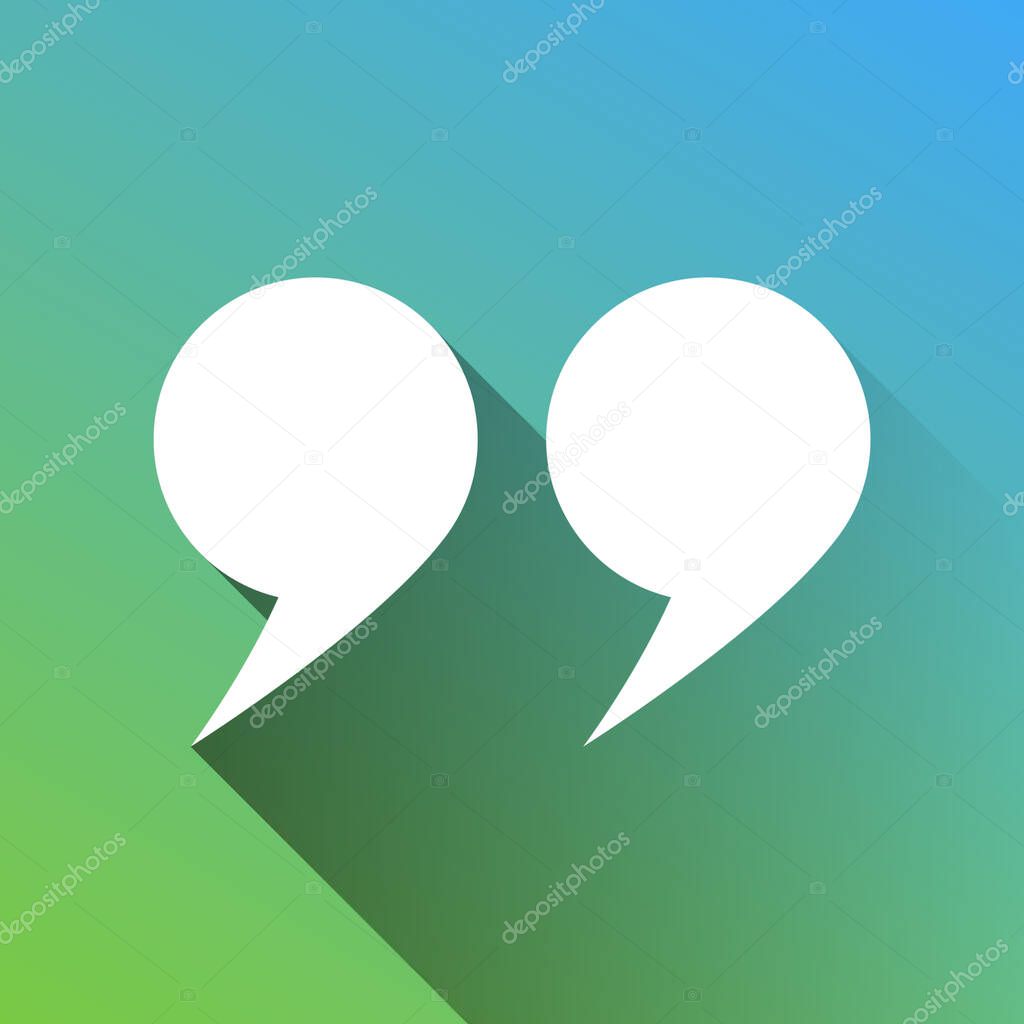 Quotation Mark Symbol. White Icon with gray dropped limitless shadow on green to blue background.