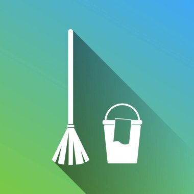 Süpürge ve kova işareti. Gri renkli beyaz simge, yeşilden maviye sınırsız gölge bırakıyor.
