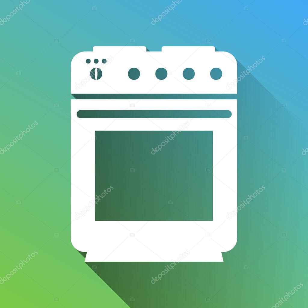 Stove sign. White Icon with gray dropped limitless shadow on green to blue background.