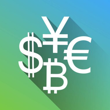 Para birimi tabela koleksiyonu dolar, avro, bitcoin, yen. Gri renkli beyaz simge, yeşilden maviye sınırsız gölge bırakıyor.