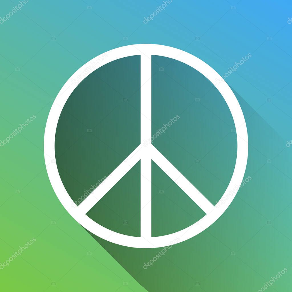 Peace sign illustration. White Icon with gray dropped limitless shadow on green to blue background.