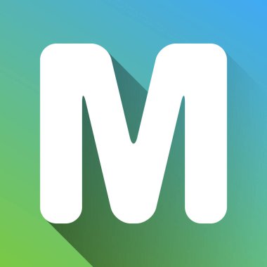 M harfi tasarım şablonu ögesi. Gri renkli beyaz simge, yeşilden maviye sınırsız gölge bırakıyor.