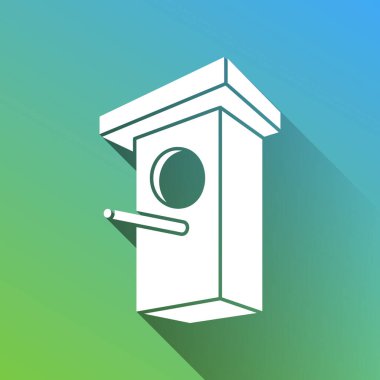 Kuş evi tabelası çizimi. Gri renkli beyaz simge, yeşilden maviye sınırsız gölge bırakıyor.