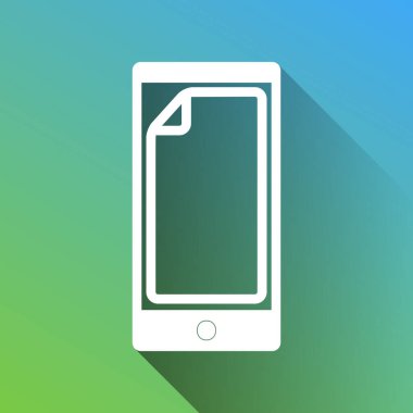 Ekranda koruyucu etiket var. Gri renkli beyaz simge, yeşilden maviye sınırsız gölge bırakıyor.