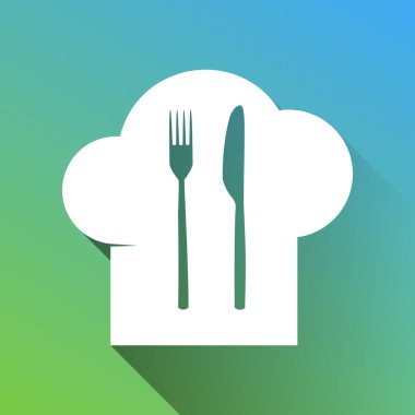 Aşçı şapkası ve kaşık, çatal, bıçak işareti. Gri renkli beyaz simge, yeşilden maviye sınırsız gölge bırakıyor.