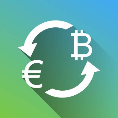 Döviz kurları tabelası. Euro ve Bitcoin. Gri renkli beyaz simge, yeşilden maviye sınırsız gölge bırakıyor.