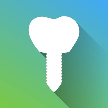 Diş implantı. Tabela illüstrasyonu. Gri renkli beyaz simge, yeşilden maviye sınırsız gölge bırakıyor.