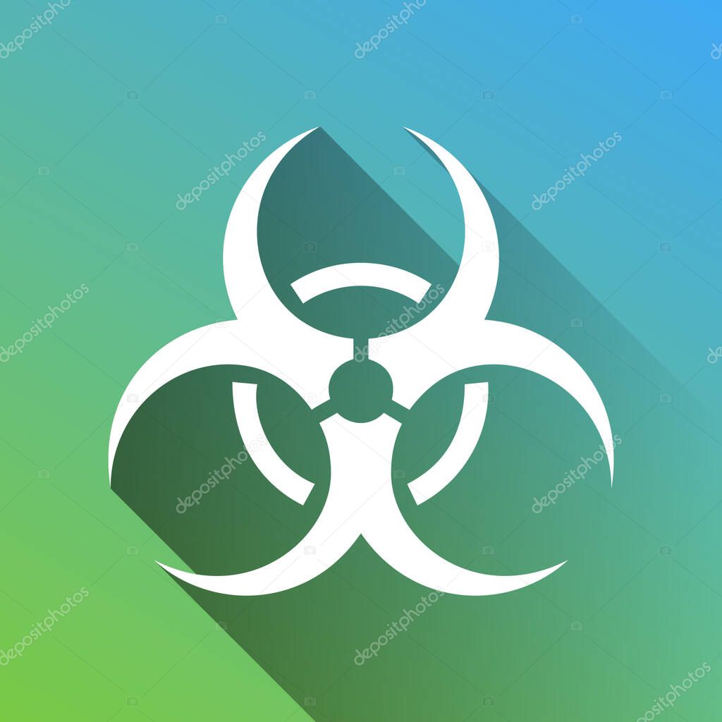 Danger chemicals sign. White Icon with gray dropped limitless shadow on green to blue background.