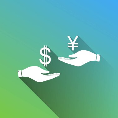 Elden ele para değişimi. Dollar ve Yen. Gri renkli beyaz simge, yeşilden maviye sınırsız gölge bırakıyor.