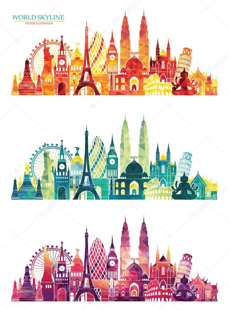 Set of travel design templates with world landmarks, stylish graphics design, vector illustration