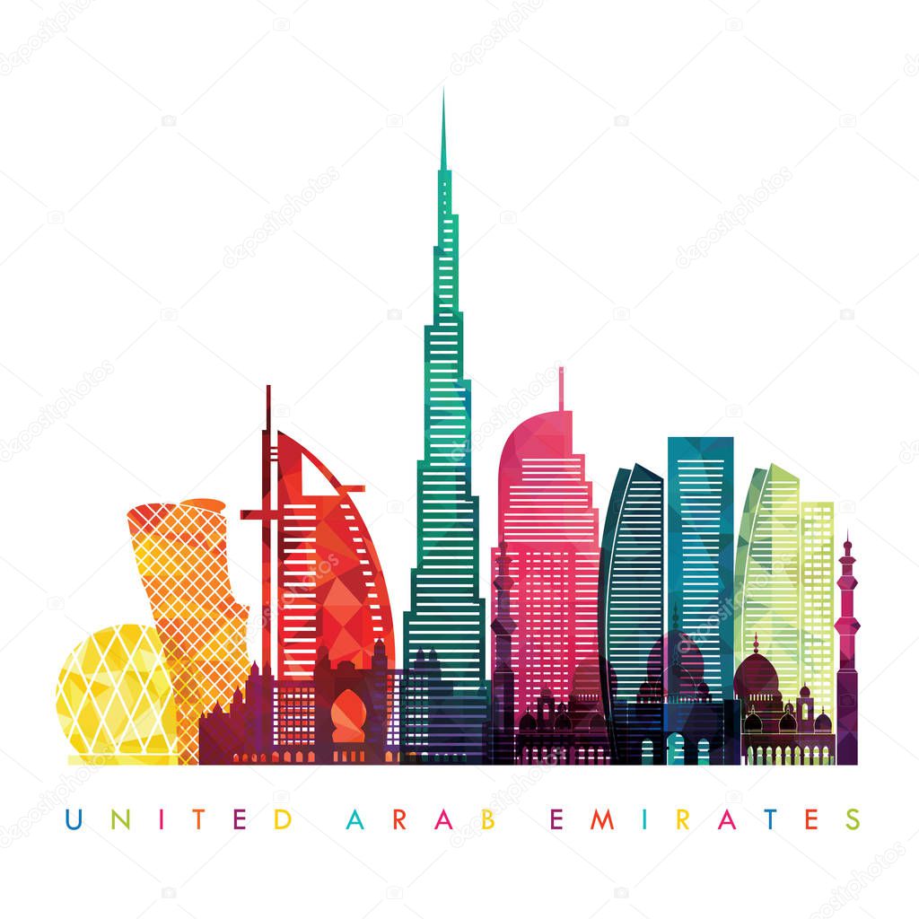 Travel design template with famous landmarks of OAE, vector illustration