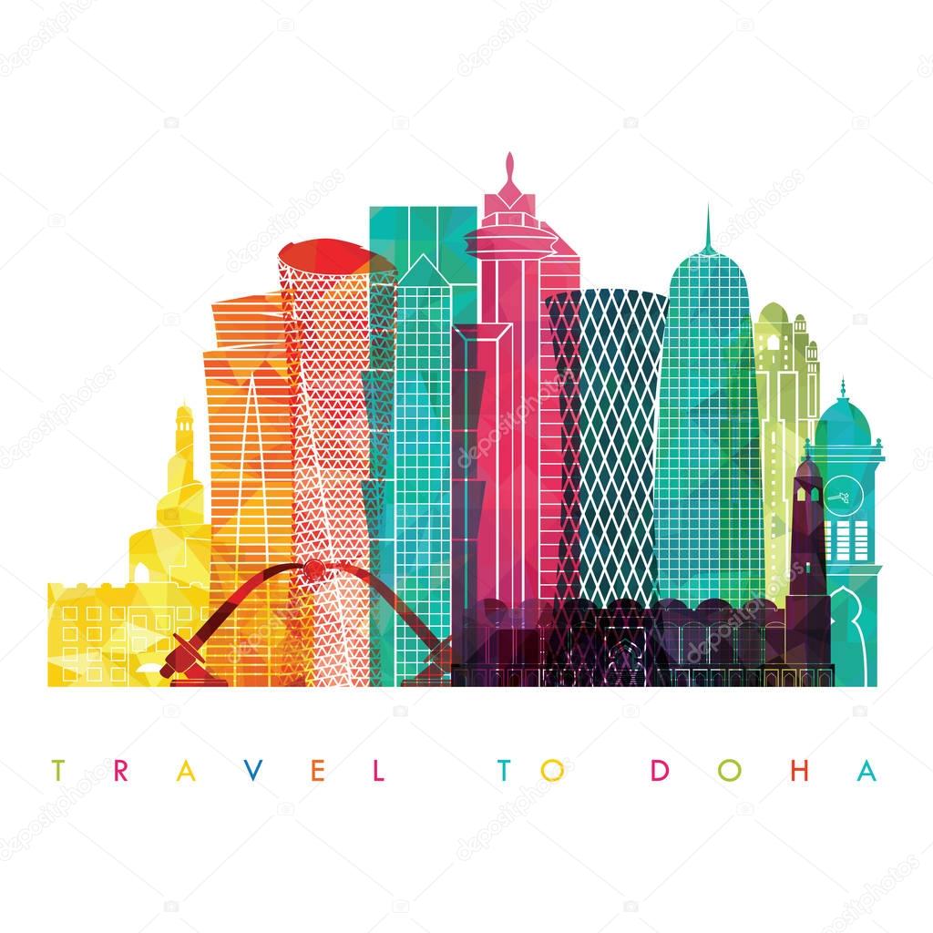 Travel design template with silhouette of Doha city, vector illustration
