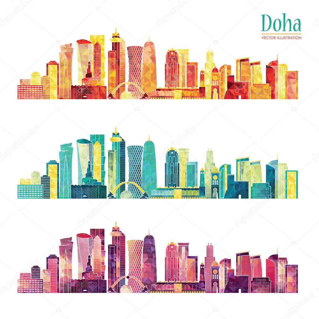 Set of detailed doha city silhouettes, vector illustration