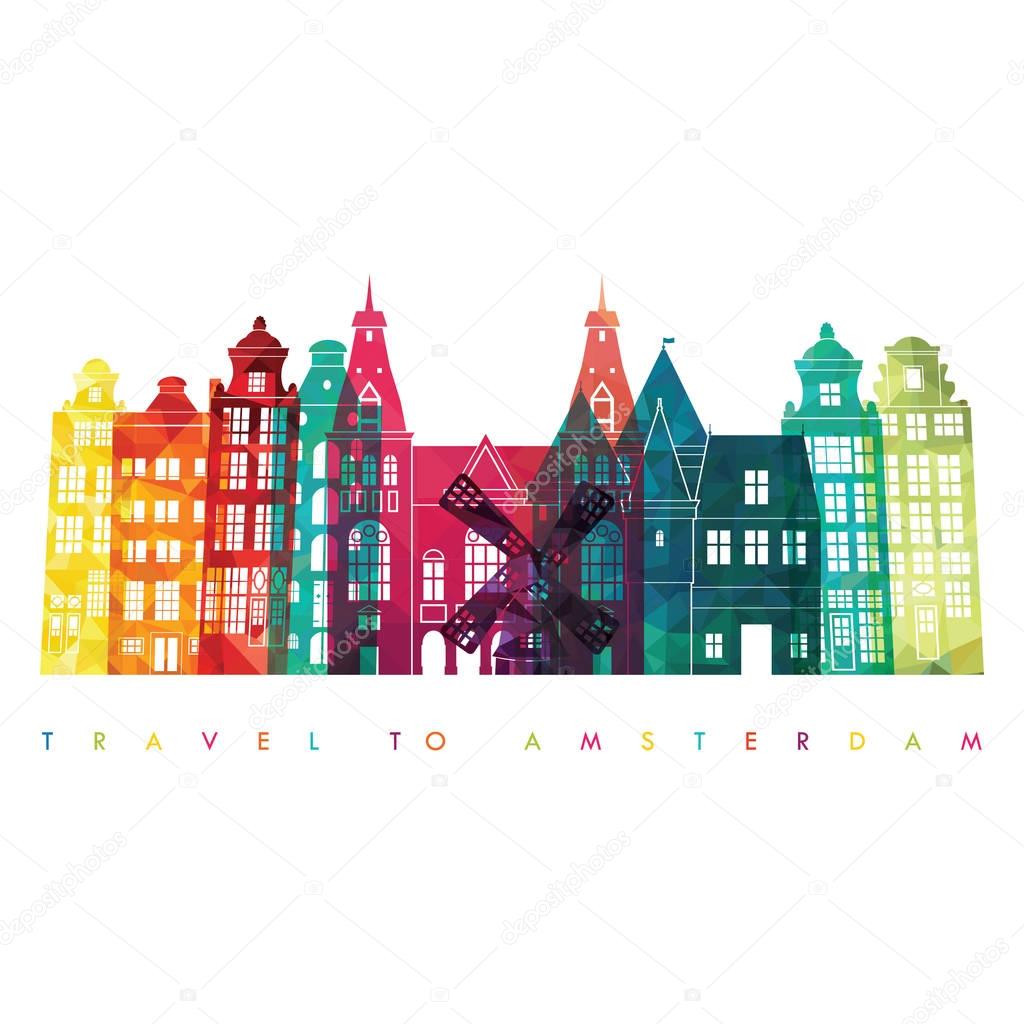 Travel design template with silhouette of amsterdam city, vector illustration