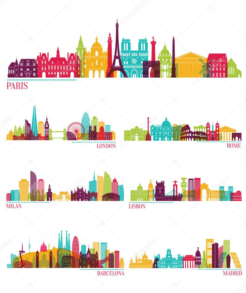 Set of detailed city silhouettes isolated on white background, vector illustration