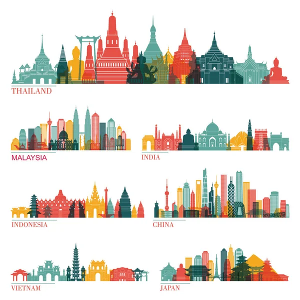 Набор Известных Векторных Иллюстраций Туристических Направлений Стоковая Иллюстрация