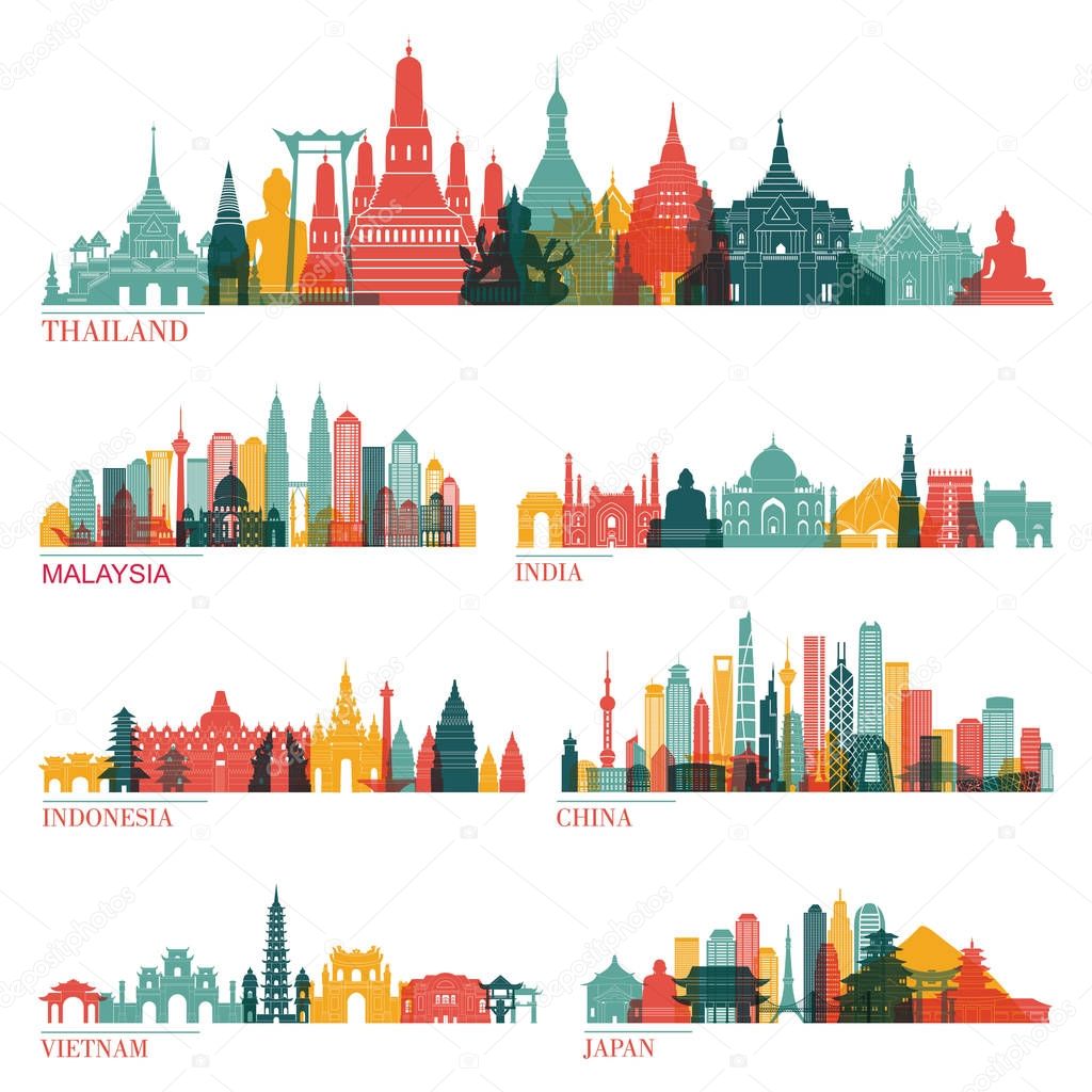 set of famous travel destinations vector illustration 