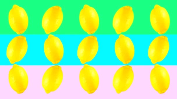 在彩色背景上旋转几个黄色柠檬的动画 带有15个水果向不同方向旋转的循环视频 — 图库视频影像