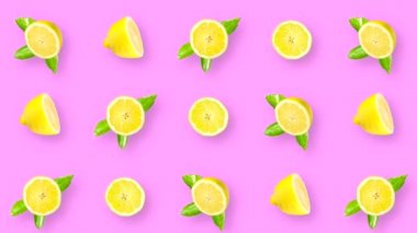 Renkli arka planda dönen meyvelerin canlandırılması. İçerideki elementlerle renk değiştiren pembe-mavi kareler.