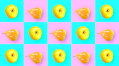 Tamamen renkli bir arka planda dönen bir armutun animasyonu. İçindeki meyvelerle renk değiştiren pembe-mavi kareler.