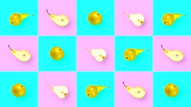 Looping animation of a pear entirely and in a section on a colored background with rotation. Pink-blue squares that change color with fruit inside.