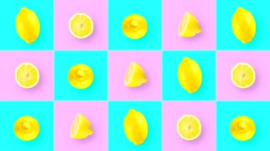 Looping animation of lemon slices on a colored background with rotation. Pink-blue squares that change color with fruit inside.