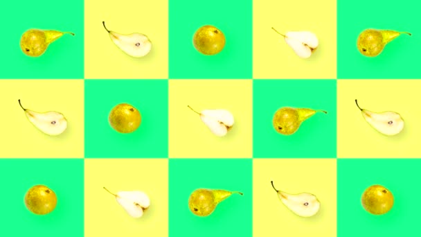 Looping Vídeo Abstrato Com Frutas Rotativas Fundo Colorido — Vídeo de Stock