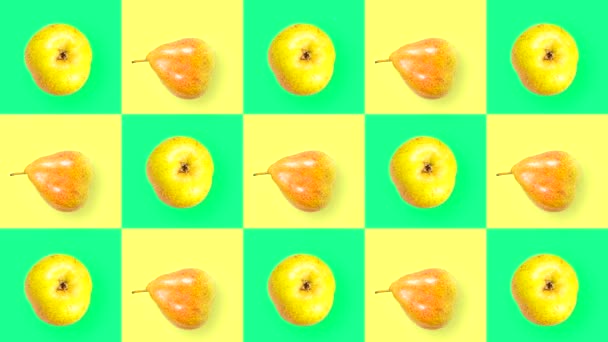 Looping Vídeo Abstrato Com Frutas Rotativas Fundo Colorido — Vídeo de Stock