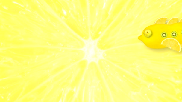 Animované Video Žluté Citrónové Rybě Kiwi Vložkami Hruškovým Okem Pozadí — Stock video