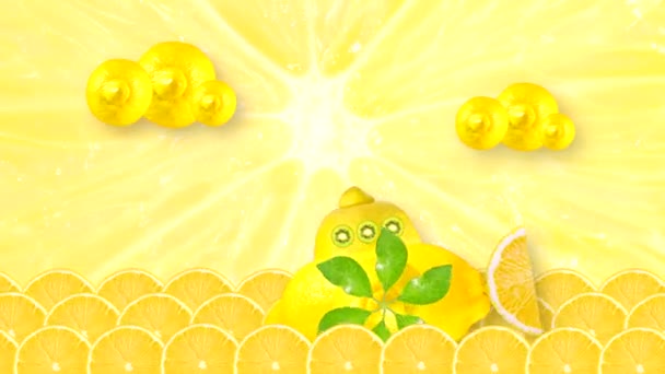 レモンのスライスから海に浮かぶ緑の葉で作られたキノコのネジを持つレモン船と雲と空とポップアップ魚と柑橘系の果物の背景 — ストック動画