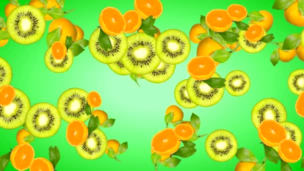 Animation von qualitativ hochwertigen 4k Früchten verschiedener Sorten auf einem grünen Hintergrund