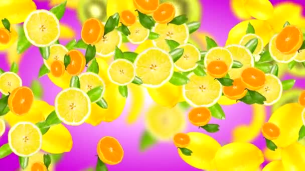 アブストラクト背景にぼんやりとした要素を持つグラデーションカラーの背景に果実を持つ4Kの背景回転 — ストック動画