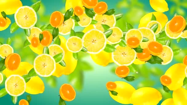 Absztrakt Háttér Gyümölcsökkel Gradiens Alapon Elmosódott Levelek Háttérben Forgatással — Stock videók
