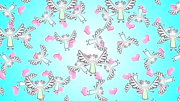 Hochwertiges abstraktes Animationsvideo mit gemalten Engeln mit Flügeln, die sich horizontal auf einem azurblauen Hintergrund mit Herzen bewegen. Valentinstag.