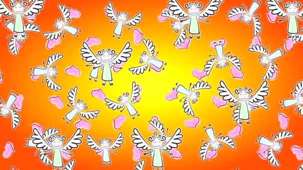 Hochwertiges abstraktes Animationsvideo mit gemalten Engeln mit Flügeln, die sich horizontal auf einem orangefarbenen Hintergrund mit Herzen bewegen. st. valentine s day.brightness maske zum ausschneiden des hintergrundes