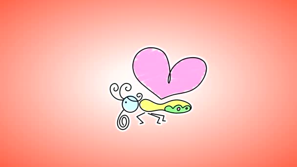 Drawn Butterfly Childish Drawing Waved Heart Shaped Wings Animation Video — Stock Video