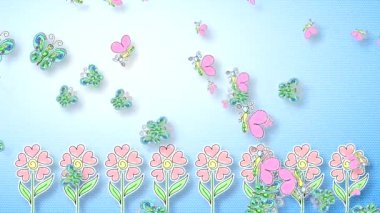 Abstract video with a blue gradient background with butterflies, flapping wings and flowers with buds in the shape of a heart.