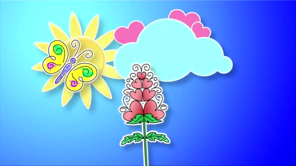 紙を真似た自然の要素を持つ高品質なループアニメーション 花の上にピンク色のハートの太陽と雲が描かれた蝶が青空に向かって飛び立つ — ストック動画